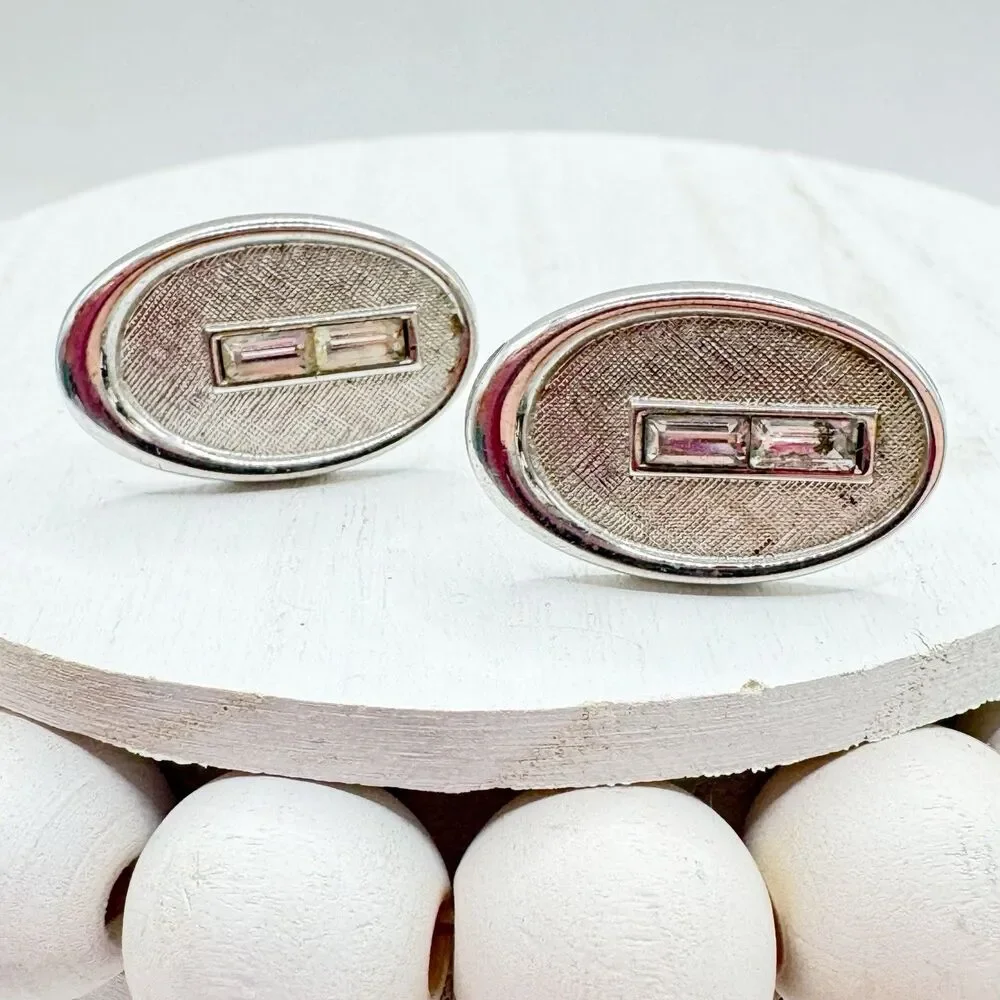 Vintage MCM Mid Century Modern Oval Cufflinks Baguette Rhinestones Silver Tone T